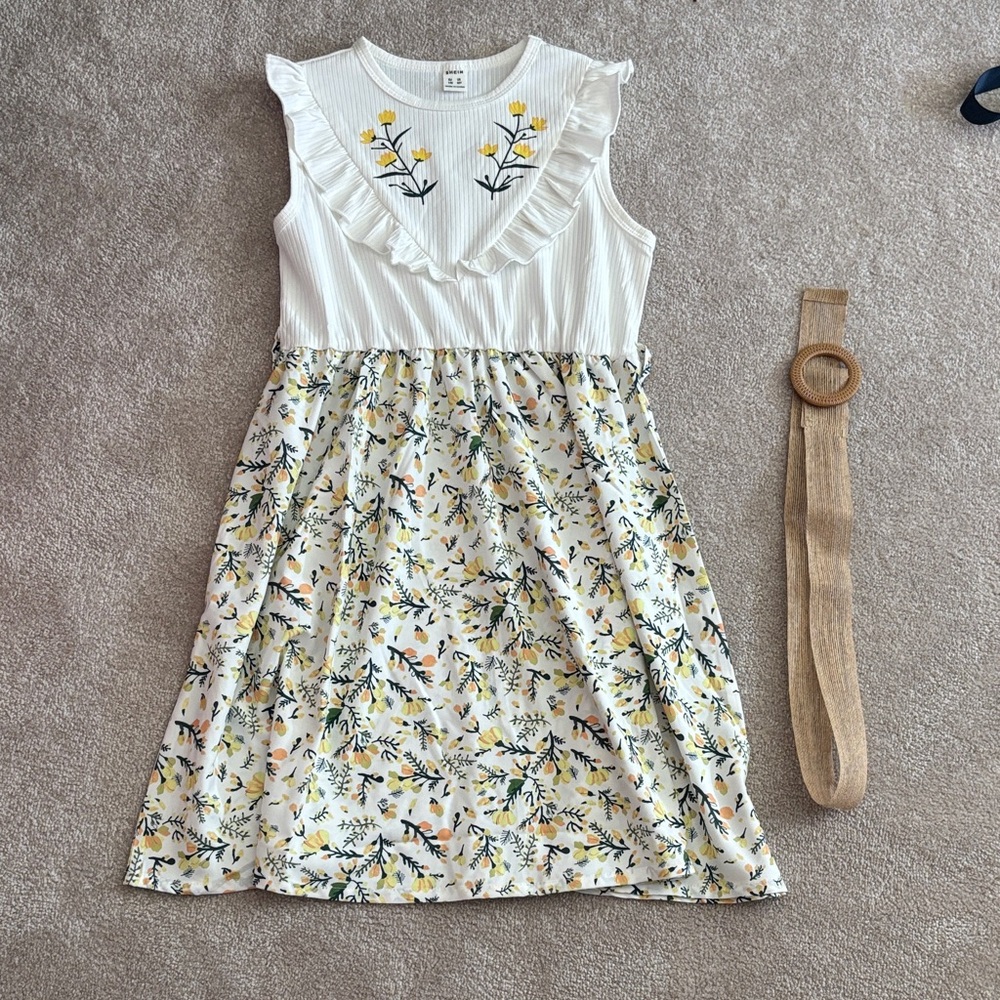 SHEIN White and Yellow Floral Kids Dress